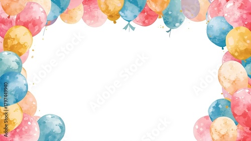 Colorful Watercolor Balloons Border. Hand-Painted Party Frame on White Background. Festive Illustration for Birthday or Baby Shower