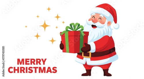 Joyful santa claus holding a wrapped gift with merry christmas text and sparkling stars