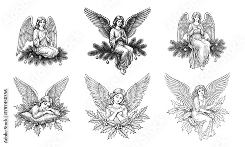 Angels in Vintage Engraving in Black and White