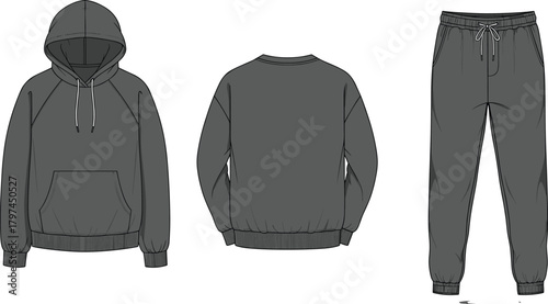 Cad drawing flat vector illustration of hoodie and jogger set showcasing detailed front and back technical sketch for fashion apparel design