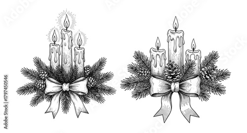 Christmas candle arrangements in vintage engraving style in black and white