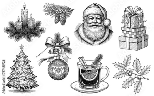 Santa and Cristmas elements set in vintage engraving style in black and white