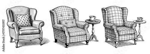 Wingback chairs and tea in engraving style in black and white