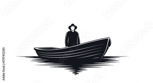 A mysterious faceless silhouette of a man in a hat standing alone in a small wooden boat on calm water, a simple vector illustration