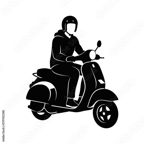 A simple black and white silhouette vector of a faceless rider in a hoodie and helmet driving a classic motor scooter