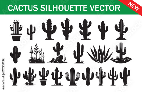 Cactus desert silhouettes set. black outlines depicting cacti, agaves, a Joshua tree, and prickly pears. Vector illustration 