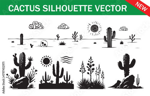 Western Desert Cactus Illustrations in Black Silhouette