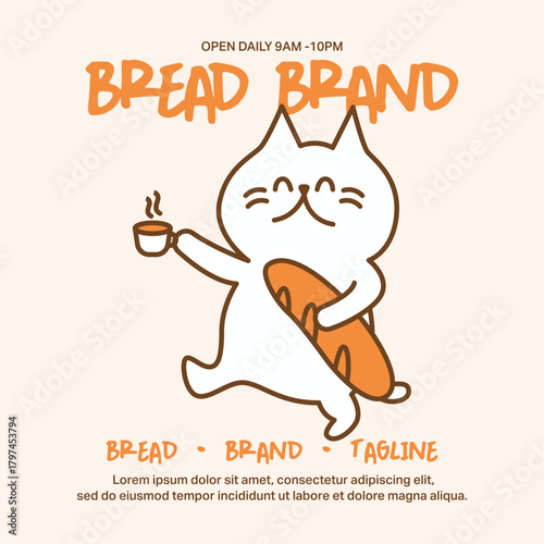 Delightful bakery illustration featuring cute cat mascot holding baguette and coffee cup. Hand-drawn design with warm colors for cafe branding and bakery packaging.