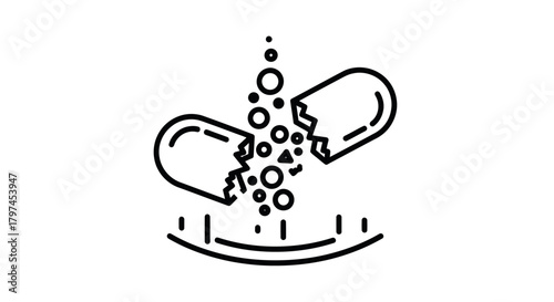 Black and White Illustration of Exploding Medical Capsule.