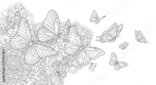 Butterflies and Flowers Line Art Illustration.