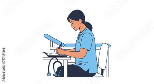 Female healthcare professional writing notes at desk wearing scrubs with stethoscope.
