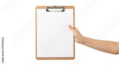 Hand Holding Clipboard with Blank Paper Keywords: clipboard, holding, hand, paper, blank, white
