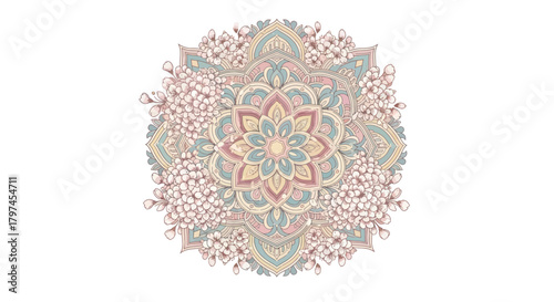 Intricate Mandala Design with Pastel Hues and Delicate Patterns.