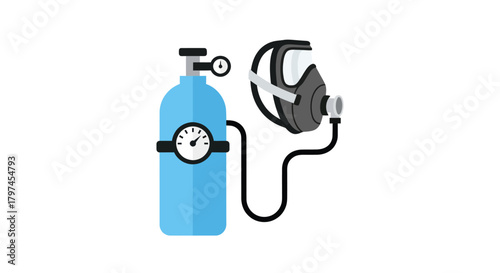Blue scuba diving oxygen tank with pressure gauge and mask.