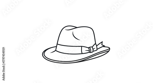 Classic fedora hat line art drawing with a ribbon band.