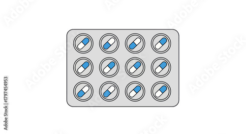 Blister pack of twelve blue and white capsules for medical use.