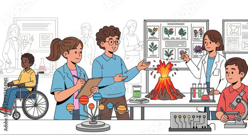 Diverse Group of Students Engaging in Science Experiment in Classroom.