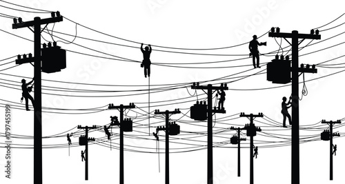 Silhouette illustration of electrical line workers repairing and maintaining utility power poles with cables, transformers and high-voltage wires across energy infrastructure network