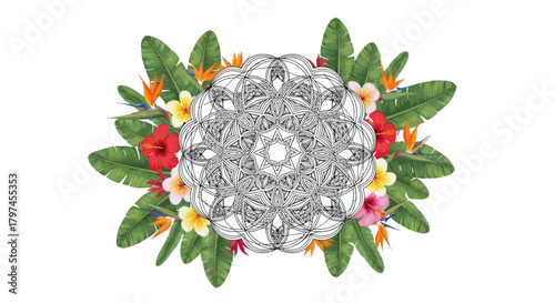 Intricate black and white geometric mandala framed by a vibrant wreath of tropical flowers and leaves.