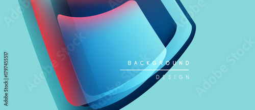 Abstract layered shapes, blue hues dominate. Smooth gradients create modern visual effect. Minimalist design with text elements present.