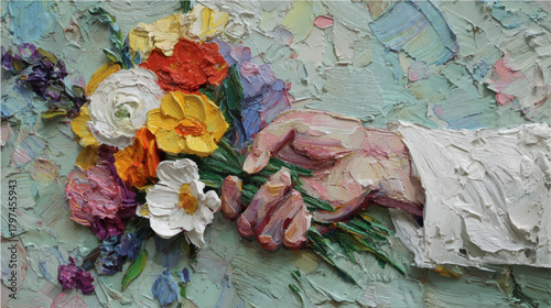 Vector illustration, hand holding a bouquet of flower, against beige wall. Oil painting