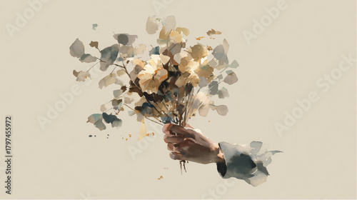 Vector illustration, hand holding a bouquet of flower, against beige wall. Watercolor paint
