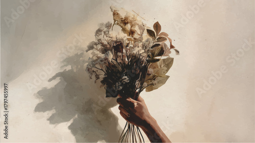 Vector illustration, hand holding a bouquet of flower, against beige wall. Watercolor paint