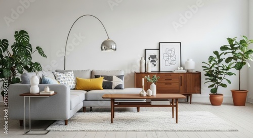 Scandinavian-style living room with modern gray sofa and bright natural light.