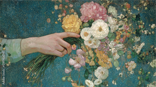 Vector illustration, hand holding a bouquet of flower, against pastel color background. Oil painting