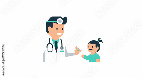 Cartoon doctor examining a young patient with a stethoscope and head mirror.