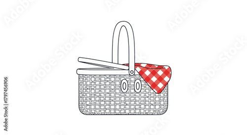 Woven Picnic Basket with Red and White Gingham Cloth.