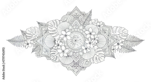 Intricate Black and White Floral Mandala Illustration with Tropical Leaves and Flowers.
