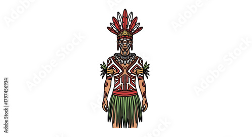 Detailed Illustration of Indigenous Person in Traditional Attire.