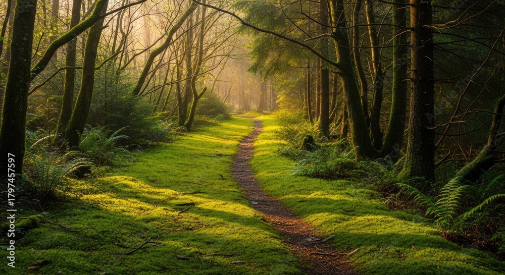 Fototapeta premium Enchanted Forest Path Bathed in Golden Sunlight and Lush Green Moss