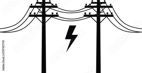 Silhouette illustration of electrical utility power poles with overhead cables and lightning symbol representing electricity, energy transmission, voltage and power infrastructure concept