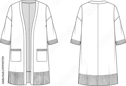 Cad drawing flat vector illustration of women’s open-front cardigan featuring detailed front and back technical fashion sketch with pockets, fringe hem, and half sleeves