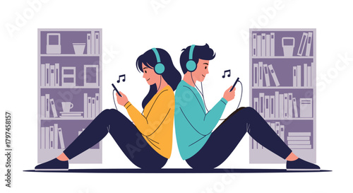 Two young individuals sitting back-to-back, listening to music on their headphones while using smartphones, surrounded by bookshelves.