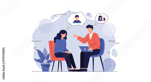 Psychologist conducting a therapy session with a female patient, who is contemplating personal thoughts and relationships, offering support and guidance.