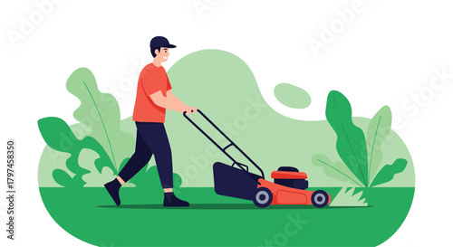 Man mowing a lush green lawn with a red lawnmower, performing outdoor garden work and yard maintenance on a sunny day.