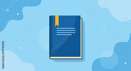 Closed blue book with a yellow bookmark, resting on a vibrant blue background with abstract shapes, symbolizing knowledge and education.