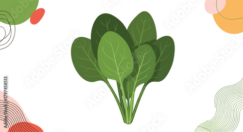 Fresh bunch of green spinach leaves with abstract colorful shapes in the background, promoting healthy eating and nutrition.