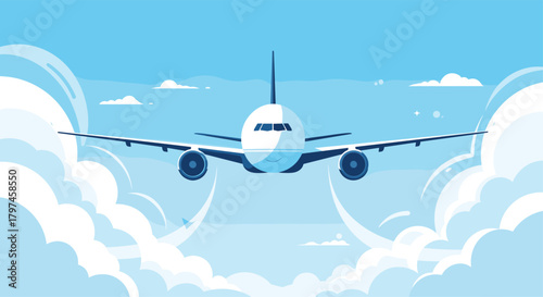 Large passenger airplane flying high in the blue sky amidst fluffy white clouds, representing air travel and global transportation.