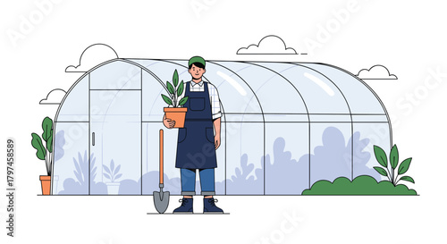 Happy gardener standing with a potted plant and shovel in front of a modern greenhouse, symbolizing sustainable agriculture and horticulture.
