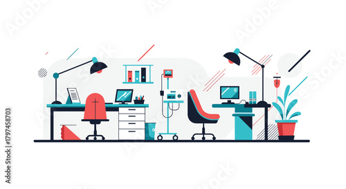 Modern medical office interior with empty chairs, desks with computers, and medical equipment, representing a clinic or hospital ward.