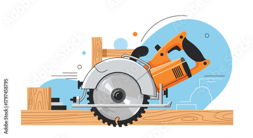 Powerful circular saw cutting through a wooden plank, showcasing woodworking, construction, and DIY home improvement projects.