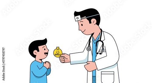 Doctor giving a medal to a young boy illustration of a medical professional rewarding a child.