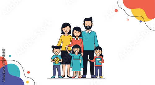 Happy large family, including parents and four children, standing together, representing family values and togetherness with abstract shapes.