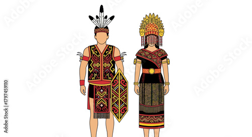 Traditional Indigenous Attire of a Man and Woman in Elaborate Ceremonial Dress.