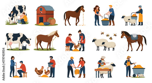 Set of farmers caring for various farm animals, including milking cows, feeding horses, sheep, and chickens, depicting daily agricultural life.