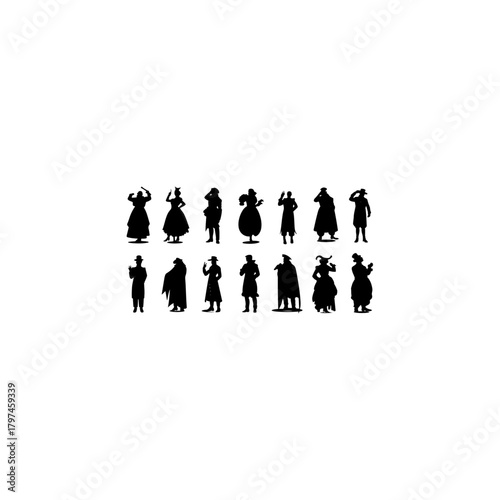 Silhouette people with theatrical masks, expressive gestures, dramatic poses, standing and bowing, emotional body language, diverse figures, communication, 